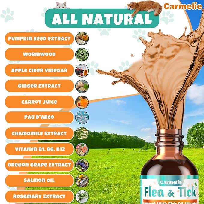 Flea and Tick Prevention for Cats, Natural Cat Flea Liquid Drops, Flea & Tick Supplement with Vitamins & Fish Oil for Cats Healthy Skin & Coat - All Breeds, Kittens to Senior Cat - Chicken Flavor