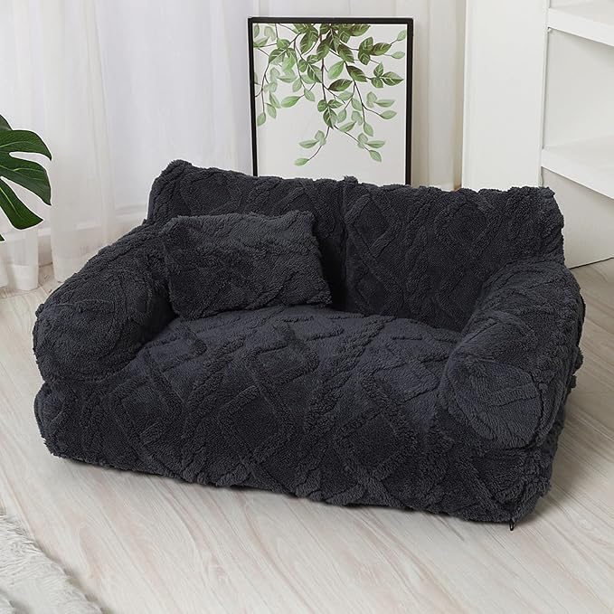 Plush Calming Pet Sofa Bed, Soft Cat Dog Couch with Removable Cover, Large Kennel Cat Sleeping Sofa Chair Furniture, Non-Slip Bottom for Supplies Cats Dogs(Black,XXX-Large)