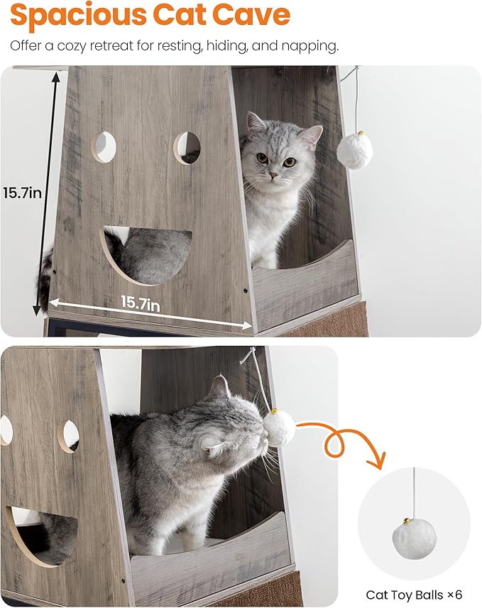 Modern Wood Cat Tree for Indoor Cats, 56 Inch Tall Cat Tower with Hammock, Multi-Level Trees with Perch Bed, 2 Hammock, Cat Condo, Scratching Board, Removable Pads, Cat Furniture, Greige