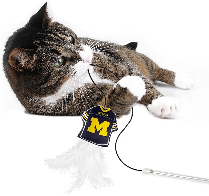 NCAA Michigan Wolverines Team Jersey Wand with CAT NIP, Cat Toy Jersey Shaped Plush Teaser Toy for Cats & Kittens - Interactive Pet Toy for Play & Exercise