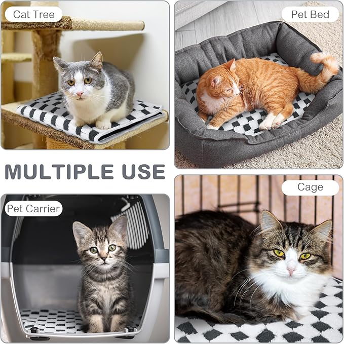 HunnmingRe 2 Pack Self Warming Cat Bed Self Heating Dog Pad Cat Warming Pad Thermal Pet Mat Washable Reflect Body Heat Removable Cover for Indoor Kittens Puppies (Grey White Plaid,16 x 20 Inch)