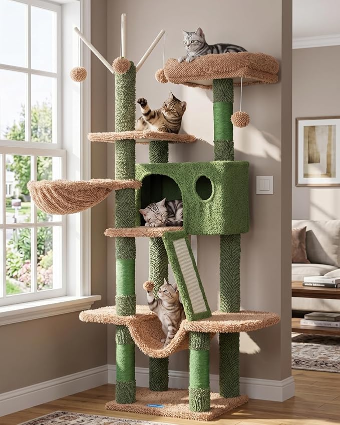 Hey-brother Cat Tree, 53 inch Cat Tower for Indoor Cats, Cat House with Padded Platform Bed, Toy Balls, Large Cozy Condo, Hammocks and Sisal Scratching Posts, Cactus MPJ019SCA
