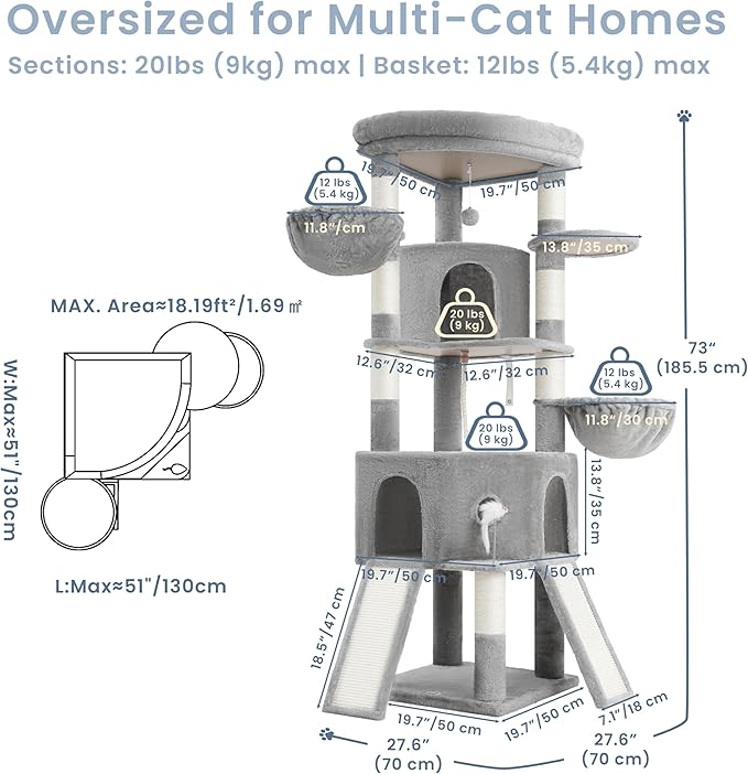 Cat Tree, 73-Inch Sturdy Corner Cat Tower with Wide Top Perch, Cat Furniture with 2 Spacious Condos, 2 Cozy Baskets, 2 Scratching Boards & Interactive Toy for Large Cat, Light Grey VCT021W