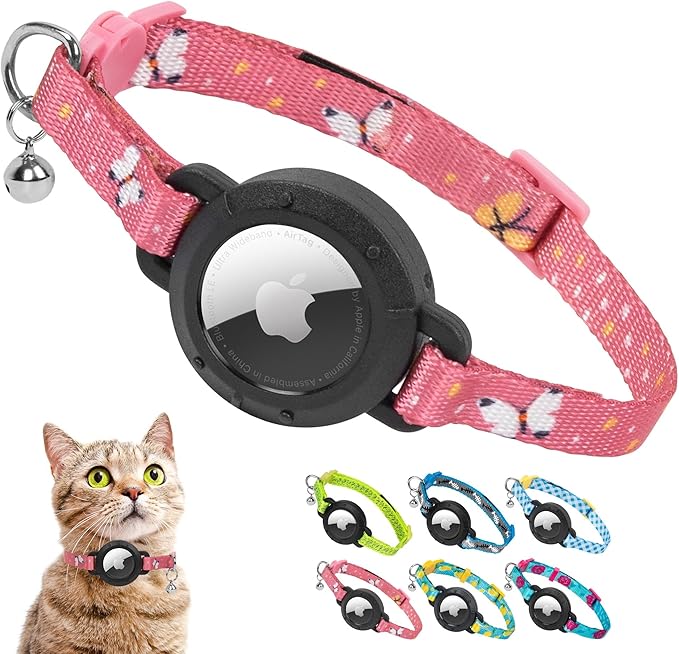 azuza AirTag Cat Collar Breakaway, Integrated Cat Collar with Air Tag Holder Safety Lightweight GPS Tracker Holder for Cats, Pink Butterfly, Cats (8-12inch)