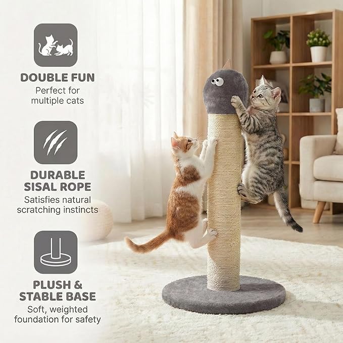 Cat Scratching Post 22'', Scratching Post with Extra Wide 12" Heavy Duty Base for Indoor Kitty, Scratching Post with Natural Sisal & Velvet Fabric for Small, Medium Cat, Grey