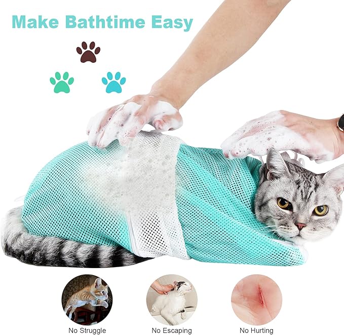 Cat Bathing Bag Adjustable Cat Grooming Net Bag Anti-bite & Anti-Scratch Cat Bath Washing Restraint Bag, Breathable Mesh Cat Grooming Bag for Shower, Nail Trimming, Injection