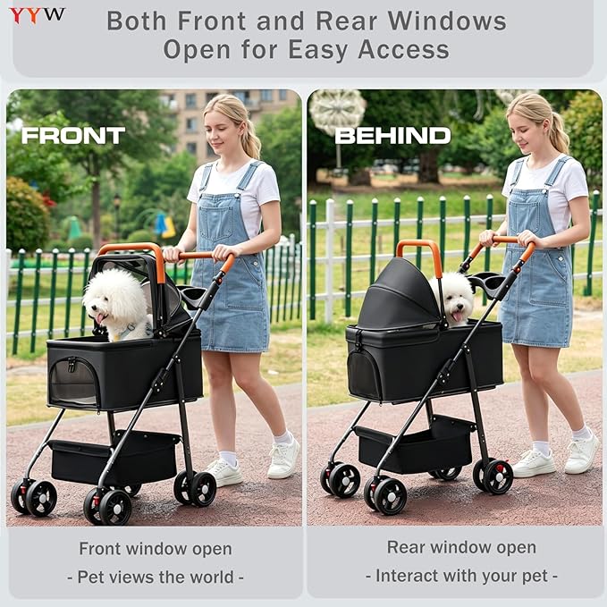 YYW Pet Stroller for Small Dogs & Cats, 3 in 1 Foldable Kittens Puppies Travel Strolling Cart with Removable Carrier, Cup Holder, Storage Basket & Lockable Wheels(Black)