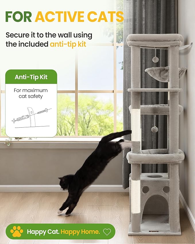 Cat Tree Tower for Indoor Cats, 67 inch Multi-Level Tall Climbing Tower with 3 Large Platform, Scratching Post, Hammock, Kitty Condo for Multiple Cats, Modern Cat Tree Furniture Heavy Duty, Light Grey