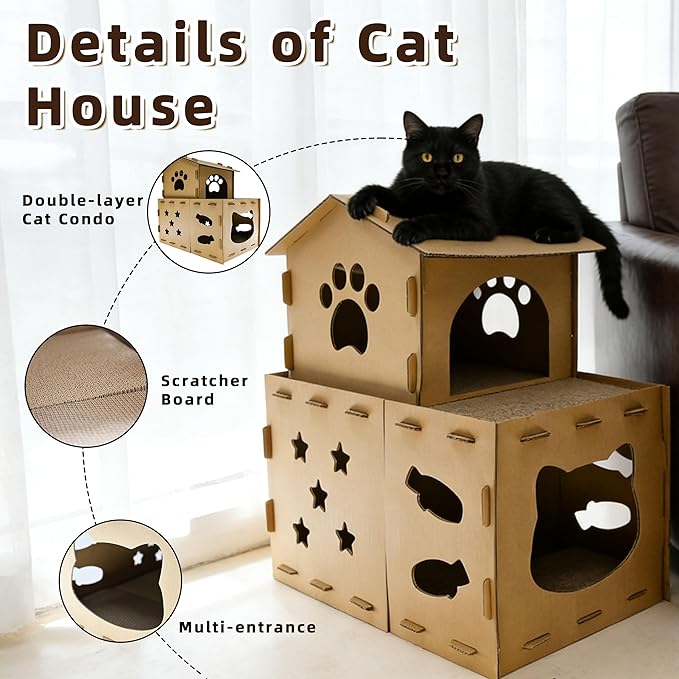 Cardboard Cat Scratcher House, Modular Cat Condo - 25" Large 2-in-1 Double Layer Cat Play Villa with Built-in Scratching Surface for Indoor Cats - Final Clearance, Limited Stock Left!