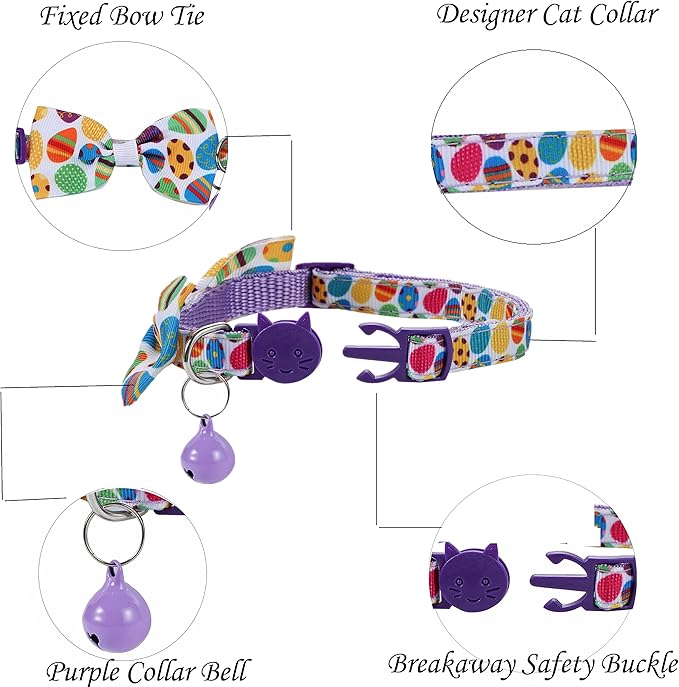 BoomBone Easter Cat Bow Tie Collar Adjustable Breakaway Collar with Bells, Spring Bowtie Kitten Collar