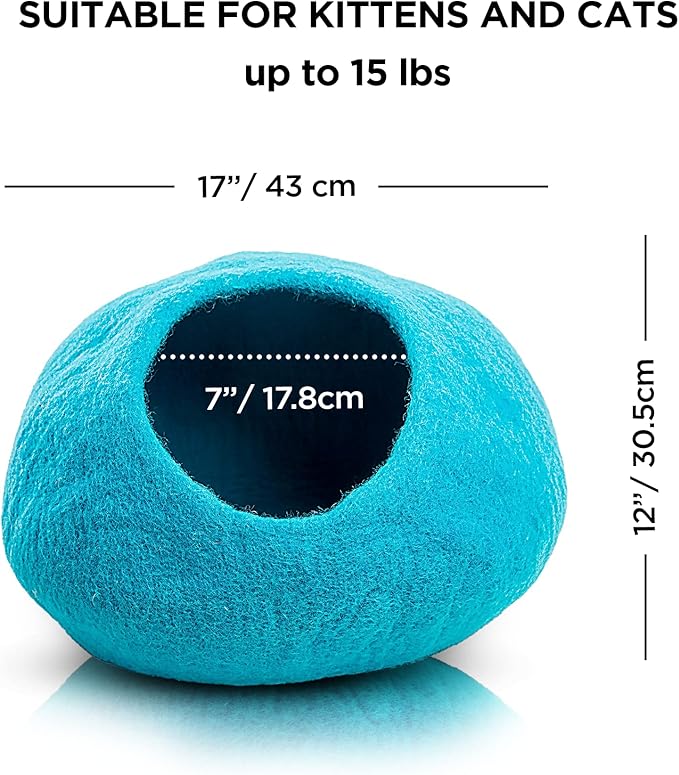 Woolygon Premium Felt Cat Cave Bed – Wool Kitty Beds Handcrafted Kitten Caves Bed for Indoor Cats - Made from Merino Wool, Foldable Cat Hideaway Covered Cat House Pod (Blue Plain)