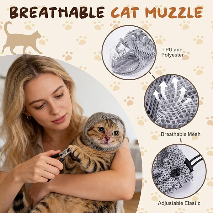 Adjustable Cat Muzzle for Grooming with 4 Paw Cover, Breathable Mesh Cat Head Cover, Anti-Bite Cats Mask, Silicone Paw Protector for Nail Trimming, Bathing (M)