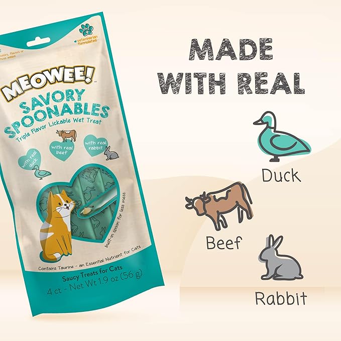 MEOWEE! Savory Spoonables with Real Duck, Beef and Rabbit for Cats, 4 Count, Treat Your Cat to Triple Flavor Squeezable Lickable Wet Treats with Built-in Spoon for Less Mess
