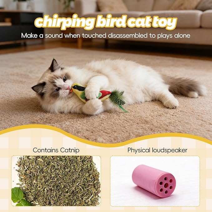 Cat Wand Toys for Indoor Cats to Relieve Boredom - 4-in-1 Interactive Teaser Wand with Realistic Bird Chirping Sound, Bouncy Ball & Feathers for Adult Cats and Kittens