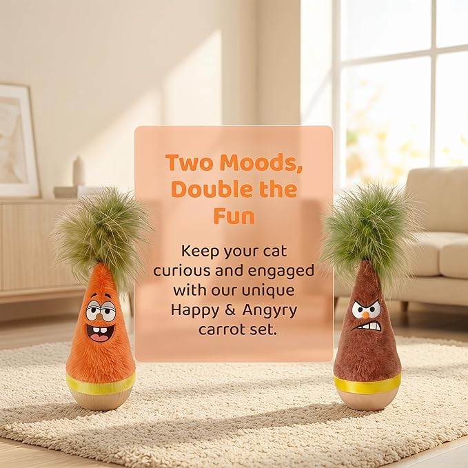Wooden Wobble Cat Toy, Natural Beechwood Self-Righting Tumbler – 2-Pack Angry & Happy Carrot Kicker, Interactive Silent Cat Toy for Indoor Cats, Battery-Free Plush, Aesthetic Home Decor Gift