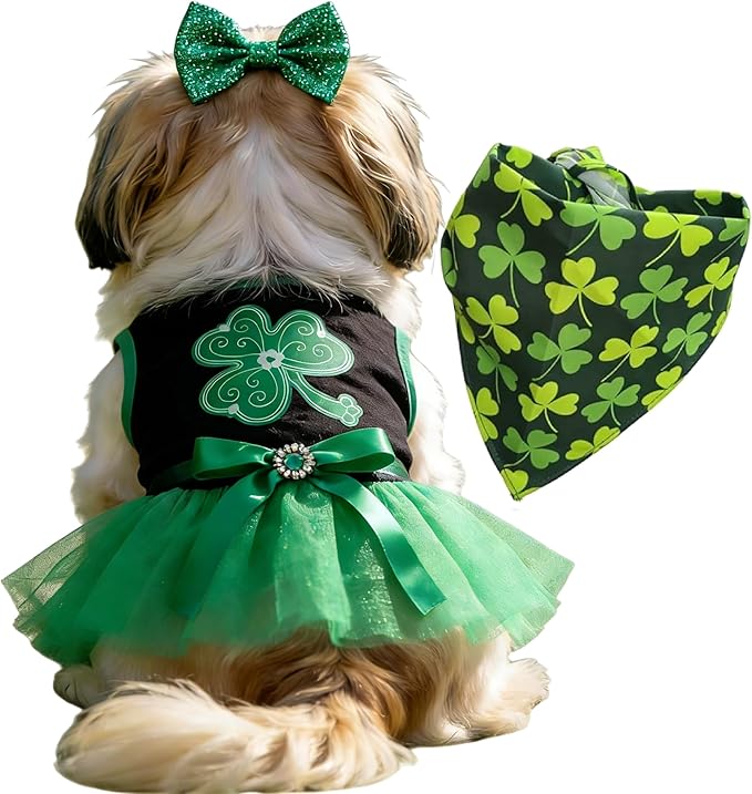 Small Dog St. Patricks Day Outfit Green Dress, Bandana & Bow Clip 3 Piece Irish Pet Cat Costume Accessories S