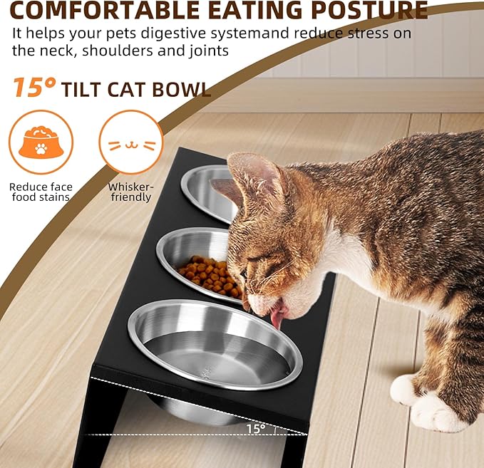 Elevated Cat Food Bowls - 15° Tilted Stainless Steel Cat Bowls, Anti Vomiting Raised Pet Feeder with Non-Slip Metal Base for Indoor Cats, 3 Bowl Set