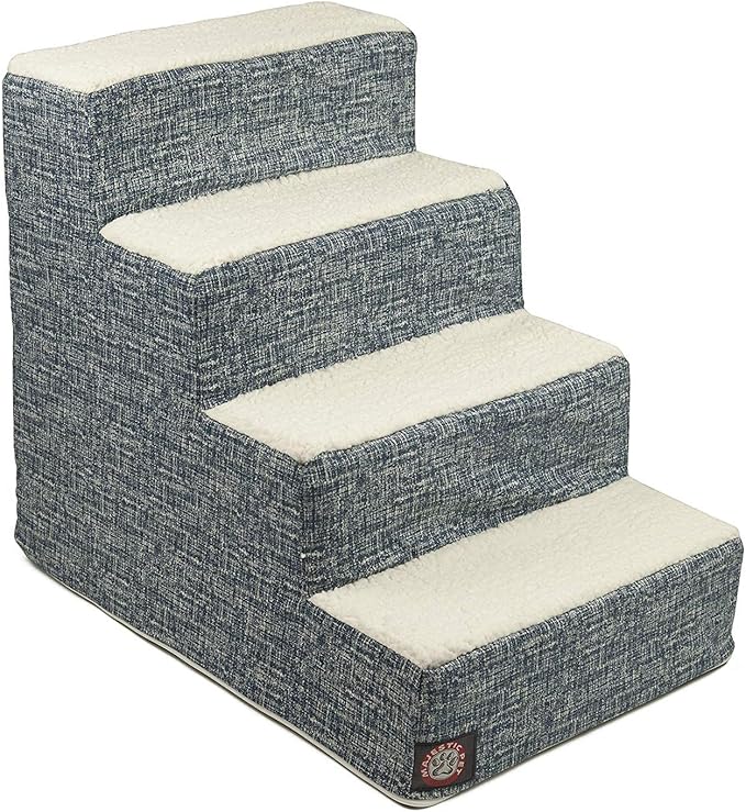 Majestic Pet 4 Step Portable Dog Stairs for Small Dogs to get on Bed Supports 250 lbs or Less–Dog Steps for High Bed with Machine Washable Cover–Pet Stairs for Cats Palette Heathered Navy Blue Denim