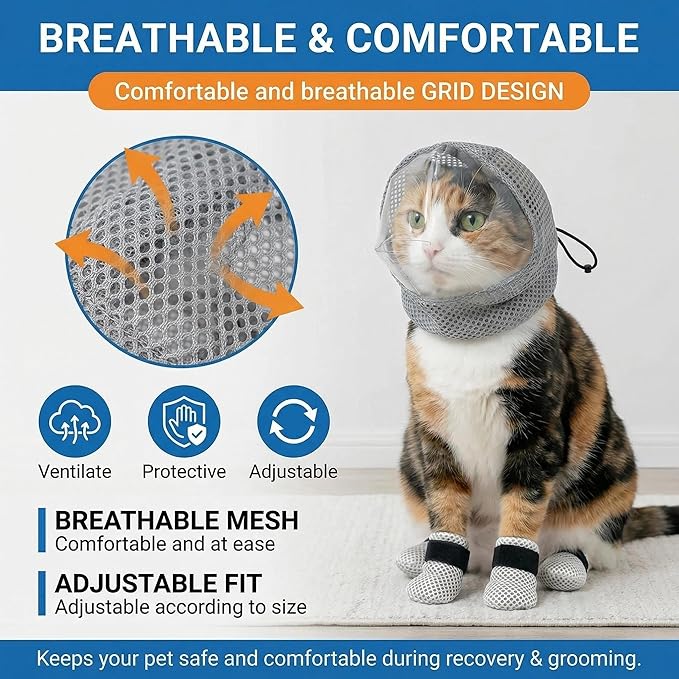 Cat Muzzle - Adjustable Anti-Bite Head Cover, Breathable Cat Grooming Helmet Mask with 4 Anti-Scratch Claw Covers for Nail Trimming, Injections & Bathing
