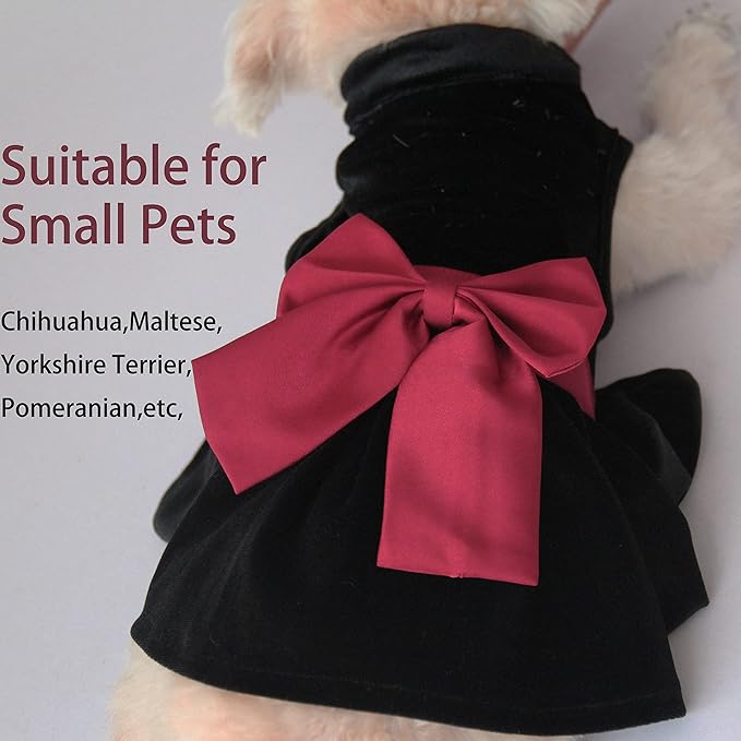 Pet Dresses for Small Dogs Cats Girl, Cute Princess Bowknot Dress Puppy Shirt All Weather Skirt Clothes Cat Apparel for Birthday Wedding Party Holiday (X-Small, Velvet Black)