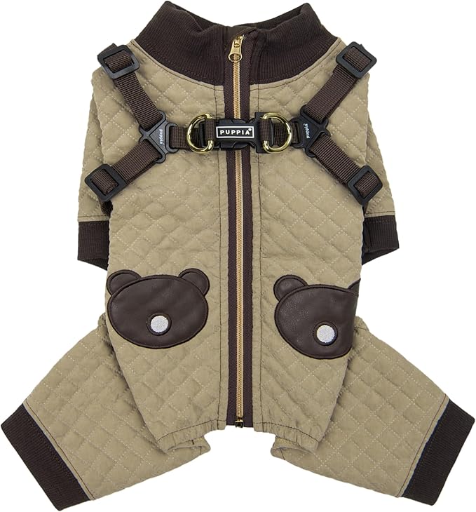 Puppia Quilo Warm Cute Winter Jumpsuit with Integrated Harness for Small and Medium Dogs, Beige, Large
