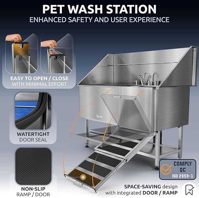 KANIS Professional Dog Washing Station 304 Stainless Steel Pet Wash Sink & Grooming Bathtub w/Shower, Floor Grates and Storage for Large, Medium & Small Pets (Silver, 61 Inches, Right Ramp, Shelf)