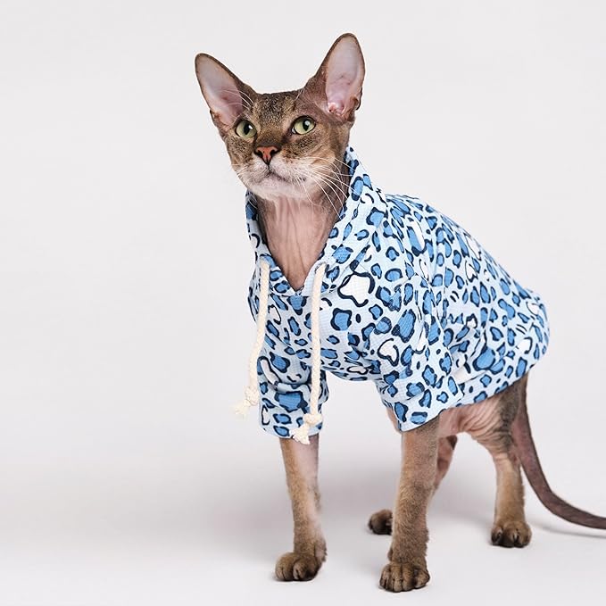 Sphynx Cat Clothes, Cat Hoodie for Hairless Cats, Cornish Rex and Devon Rex (Blue Hoodie, M(4.5-5.5lbs))