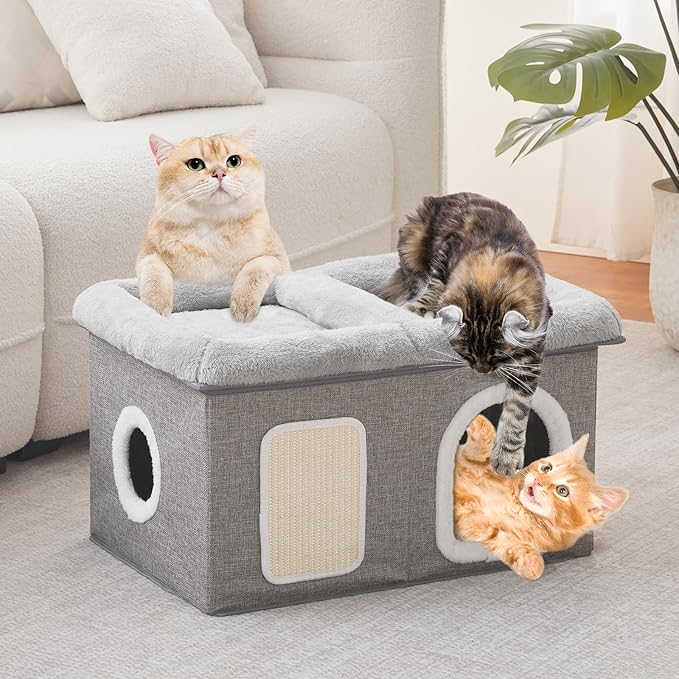 WINDRACING Cat House for Indoor Cats - 24.4" W Extra Wide Cat Bed Cave for Double Small Cats and Foldable with Scratch Pad, Cat Hideaway Condo for Kitten, 24.4x16.9x14.2 Inches, Light Grey