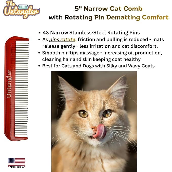 Cat Comb - Ferrari Red, 5" - Silky Smooth Rotating Teeth for Gently Detangling Matted Cat Hair, Stimulates Natural Oil Production, Stainless Steel, Made in USA, Vet Recommended