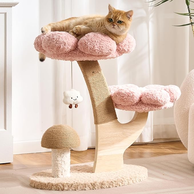 Aesthetic Flower Cat Tree Tower with Scratching Post for Indoor Cats, 30" H Modern Cat Tree with Wood Sculpted Branch, Flower Cat Beds, Mushroom Scratcher & Interactive Squeaky Toy, Pink