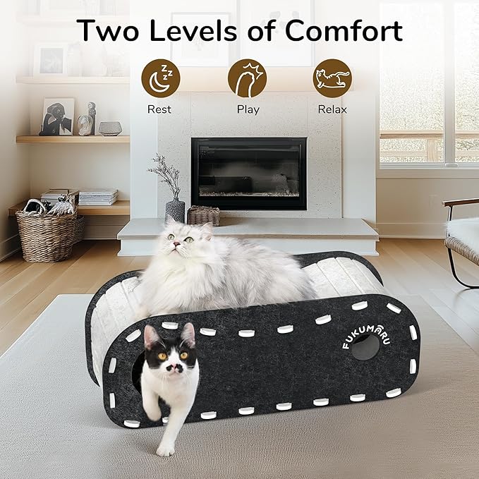 FUKUMARU Cat Beds for Indoor Pets 31.5 Inch, Extra Long Cozy Cat Bed Cave Tunnel for Multiple & Large Cats, Felt Kitten Hideaway House with Fluffy Ball, Scratch Resistant, Warm & Safe, Black