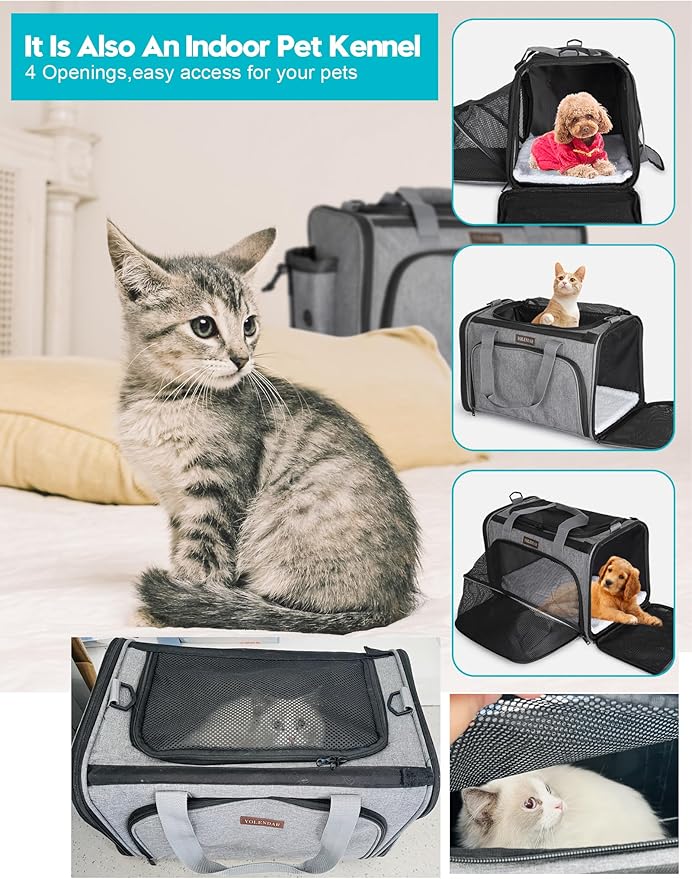 Pet Carriers Soft-Sided Carrier,Ventilation,4 Zipper Opening Grows Extra Room,Padded Mat Bottom,for Cat,Puppy, Grey