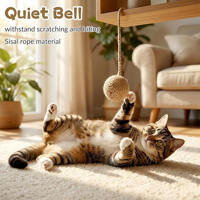String Cat Toy Ball with 8 Inch Sisal Rope and Bell Inside, 1.7 Inch Sisal Rope Interactive Cat Ball Toy on String for Indoor Cats