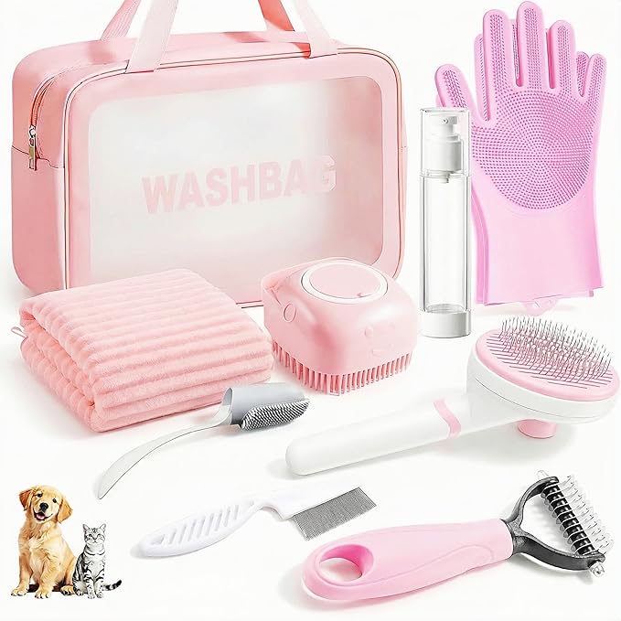9PCS Dog Bath Kit & Dog Brush Kit for Dogs & Cats - Professional Pet Grooming Tools Set with Shedding Brush, Bath Scrubber, Dematting Comb & Storage Bag - Complete Dog Washing Essentials, Pink