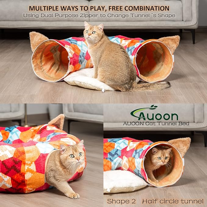 AUOON Cat Tunnel Bed for Indoor Cats - Large Cat Donut Tunnel with Hanging Ball Toy, Collapsible 2-in-1 Multifunctional Interactive Cat Toy for Kitten, Puppy, Rabbit, Ferret (Orange)