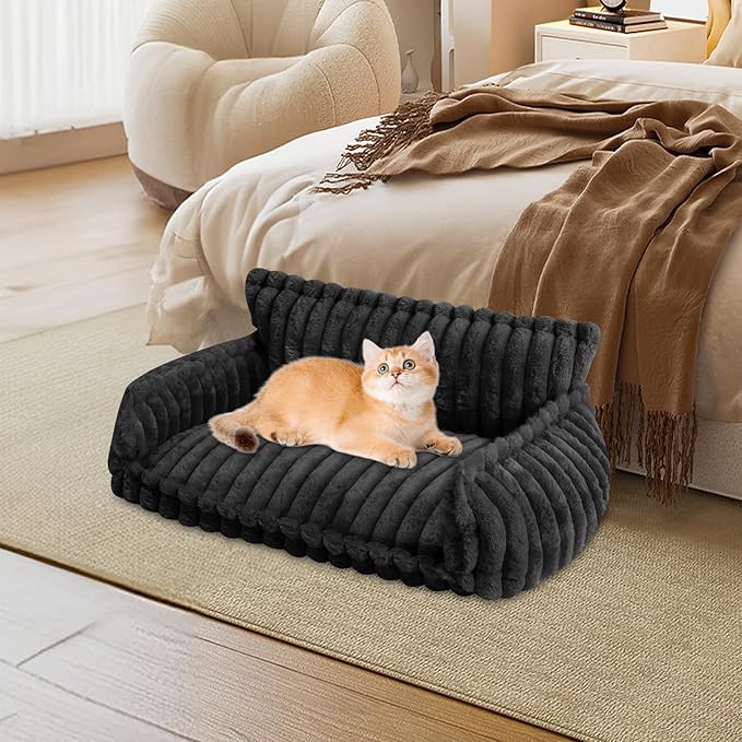 Plush Pet Couch Bed for Cats & Dogs, Removable Machine Washable Cover Fluffy Pet Sofa with Pillow, Non-Slip Cat Dog Bed Large Size, Modern Pet Furniture (Grey)