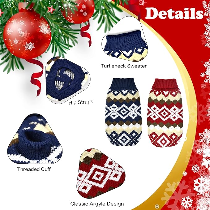 2Pcs Pet Christmas Plaid Sweaters Cat Navy Blue Sweater Kitten Puppy Christmas Red Sweater Dog Cat Xmas Costume Knitwear Sweater Clothes for Kitten Cat Puppy Dog XL