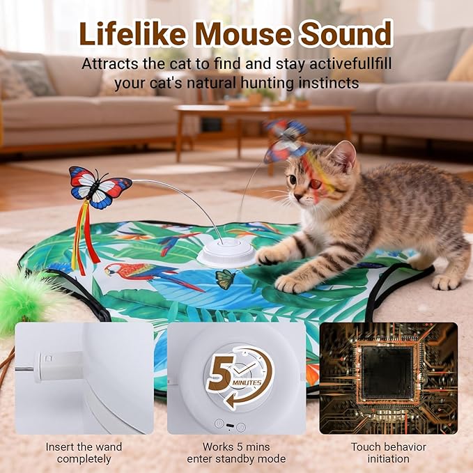 Interactive Cat Toys Rechargeable,Moving Concealed Feathers,Real Mouse Squeaky,Touch Activated Cat Kitten Toy Exercise Toys for Indoor Bored Adult Cats (Green)