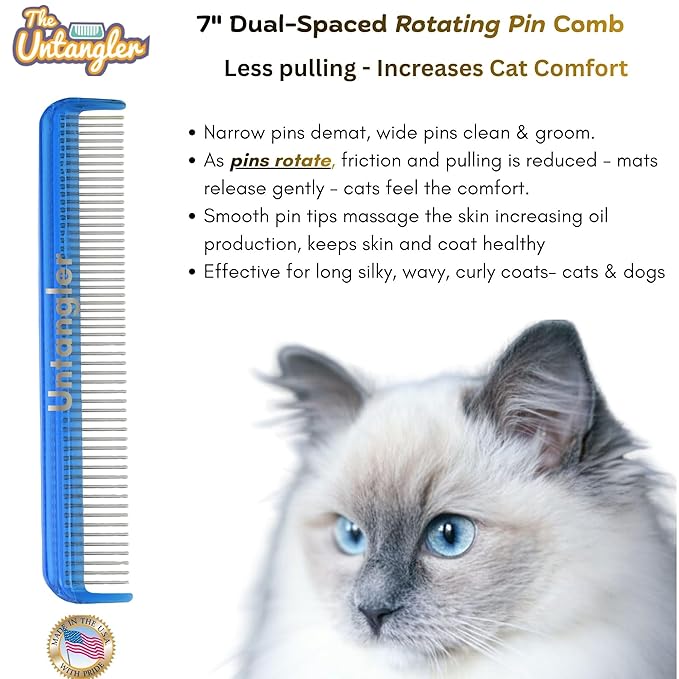 Cat Comb - 7" Dual-Spaced Rotating Teeth Comb, Blue - Stimulates Natural Oil Production, Prevents Static Build Up, Made in USA, Vet Recommended, Hand Assembled