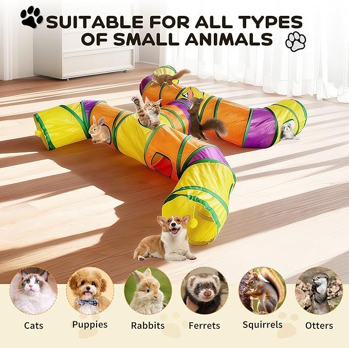 Cat Tunnels for Indoor Cats, Cat Tunnel with Plush Ball, Kitten Tunnel Collapsible, Cat Play Tunnel with Interactive Peephole for Large Cat, Puppy, Kitten (Colorful-4 Way)