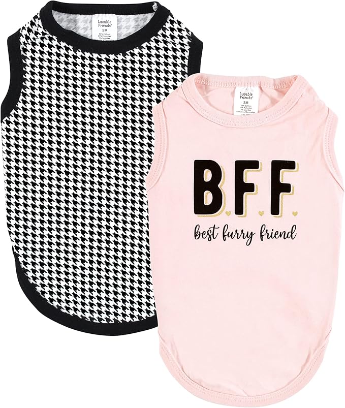Luvable Friends Dog Pet Dog and Cats Cotton T-Shirts 2pk, BFF Houndstooth, Large