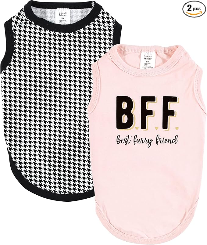 Luvable Friends Dog Pet Dog and Cats Cotton T-Shirts 2pk, BFF Houndstooth, Small
