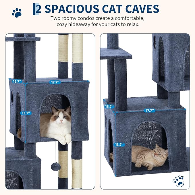 61.4 Inch Cat Tree, Large Cat Tower with Sisal Scratching Posts, 2 Spacious Cat Beds, Hanging Ball & Top Perch, Ideal for Large Indoor Adult Cats, Blue