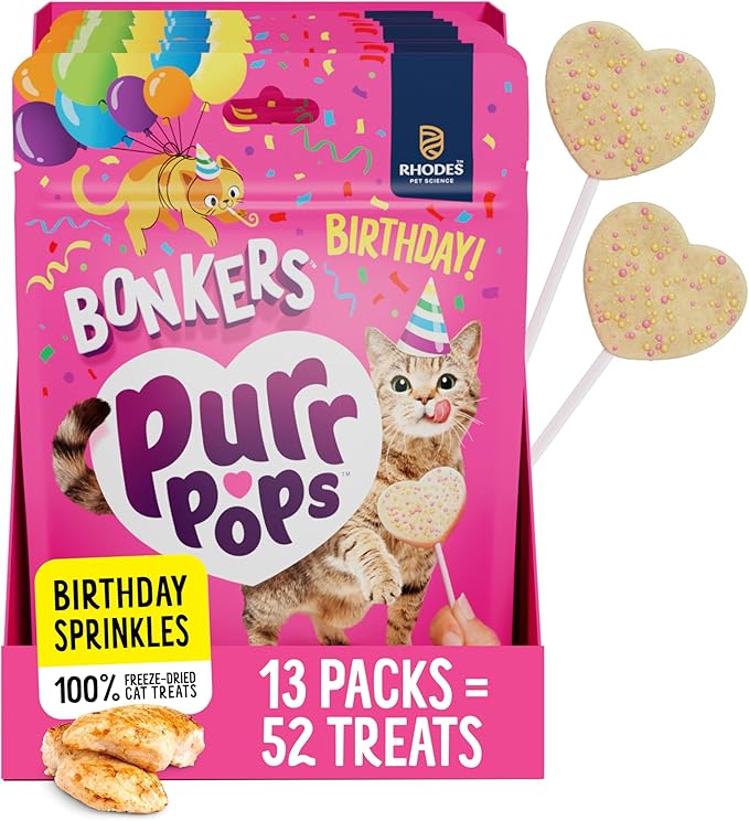 Bonkers Purrpops Birthday Edition Freeze-Dried Chicken Flavored Lollipop Treats for Cats, 4 Pieces (Pack of 13)
