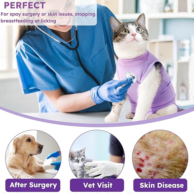 Hpetppy Cat Recovery Suit, Breathable Cat Surgery Recovery Suit Female, Cat Onesie for Cats After Surgery Spay Surgical Abdominal Wound Skin Diseases Cone of Shame Alternative Purple(M)