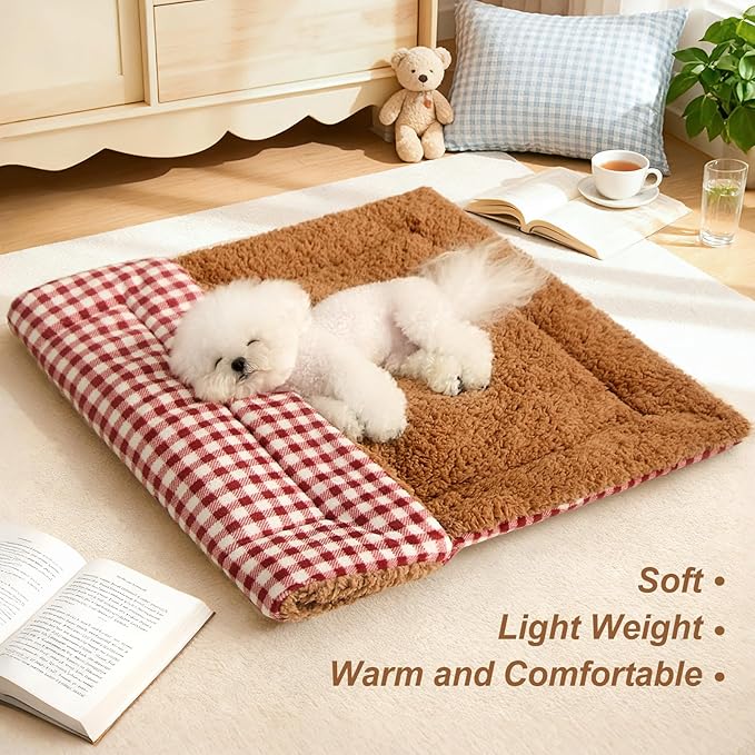 Jiupety Cat Bed for Indoor Self Warming Cat Bed Mat Ultra-Soft Plaid Dog Beds Machine Washable Pet Bed,Multifunction Folding Pet Blanket for Small Dogs and Cats Red,33X25In