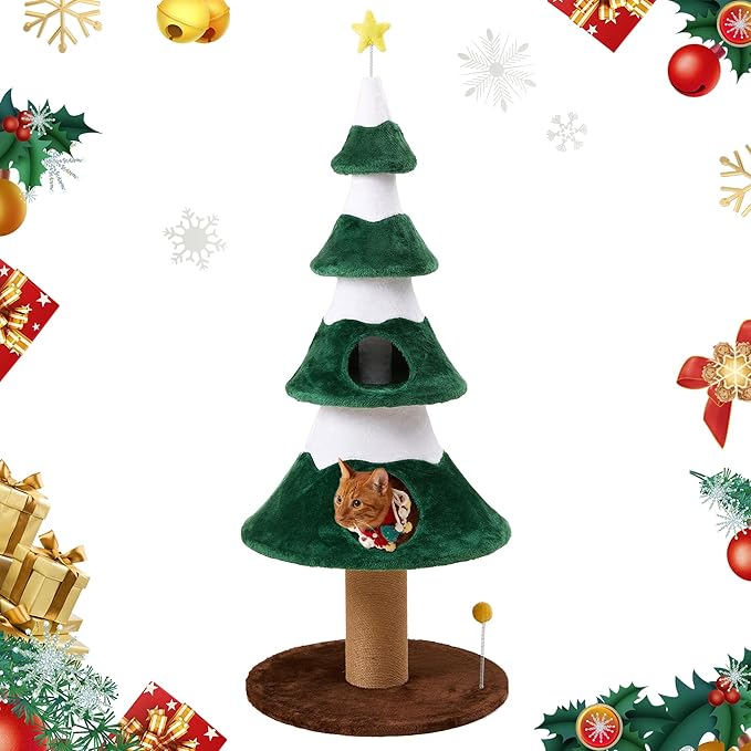 62" Cat Tower for Indoor Cats, Multi-Level Wooden Cat Tree with Sisal Scratching Posts, Cozy Cat Beds & Modern Holiday Design, Green