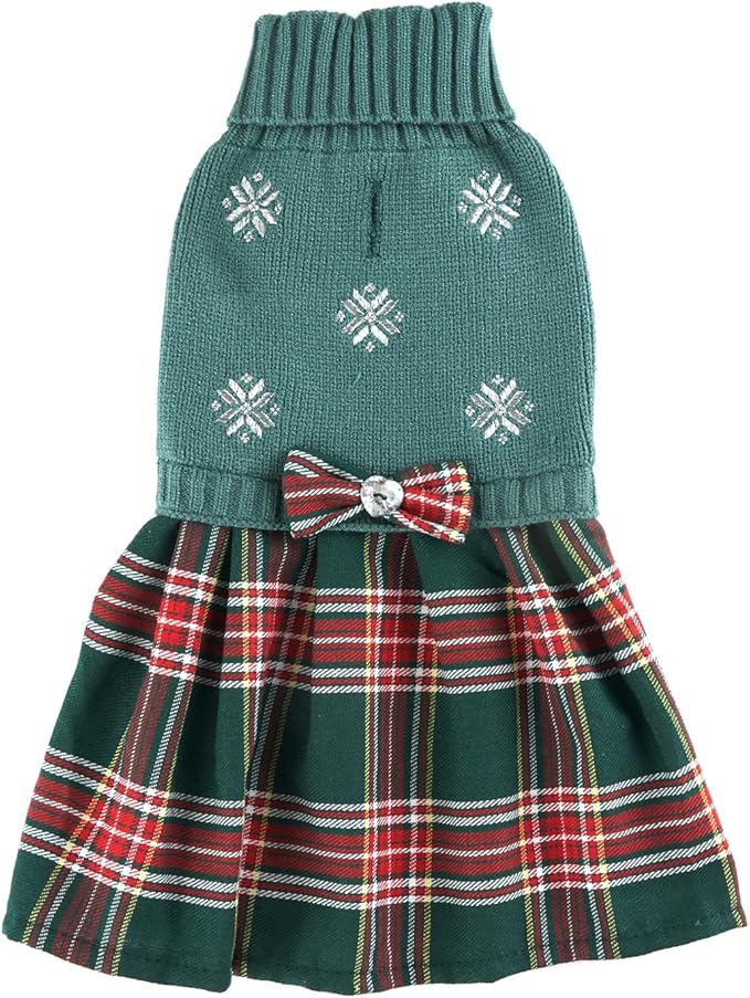 Green Embroidery Snowflake Ugly Vintage Knit Reindeer Holiday Festive Christmas Dog Sweater Dress for Dogs Large (L) Size Back Length 15"