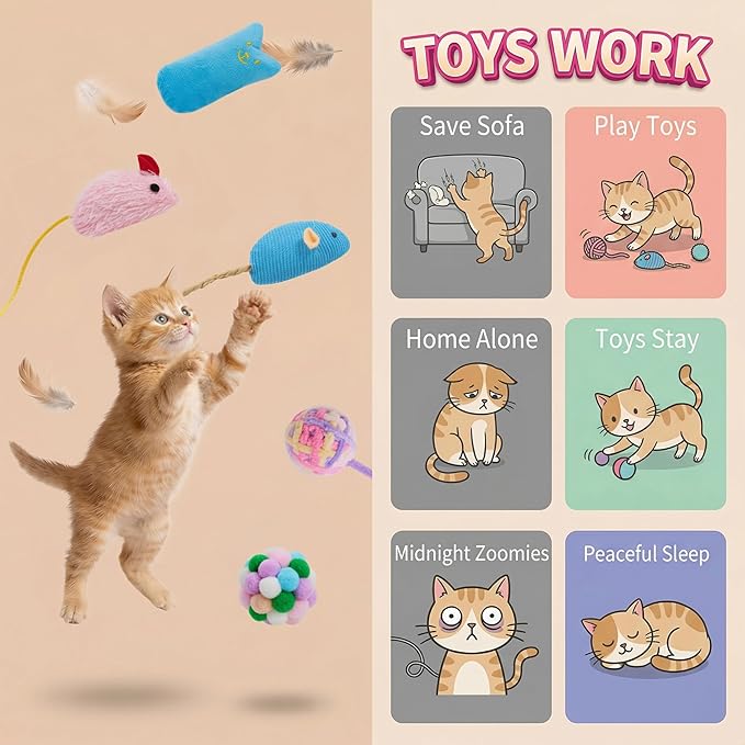 5Pcs Cats Toys Set, Interactive Kitten Toy for Indoor Kitty with Fuzzy Bell Balls Crinkle Catnip-Filled Toys Ball of Yarn Mice for Boredom Relief & Exercise - Mixed Color