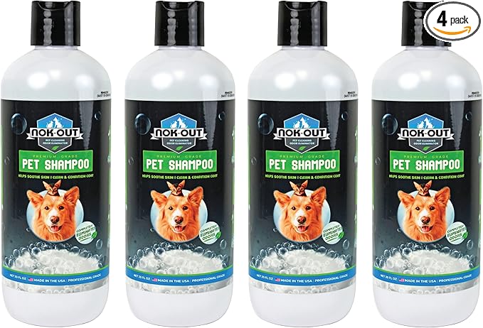 NOK OUT Premium Grade Pet Shampoo for Dogs and Cats, Veterinary Strength and Odor Eliminator Formula, Made in the USA, 20 Ounce Bottle, 4-Pack